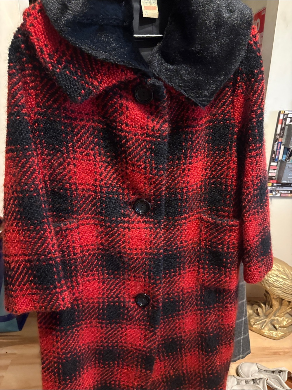 Women’s Vintage Red & Black Plaid Coat with Black Fur Collar
